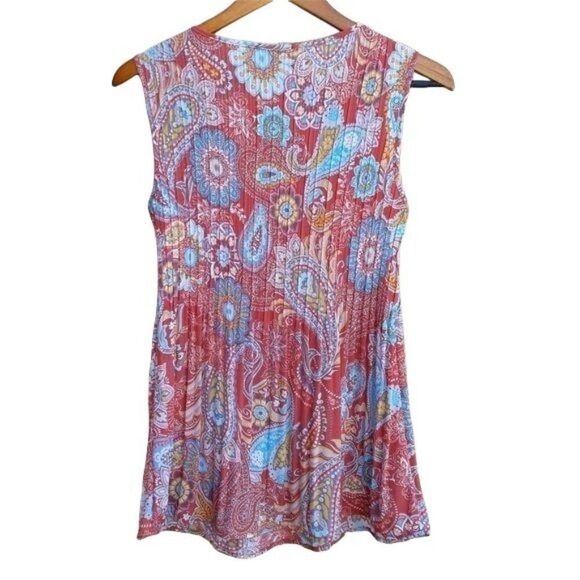 90's Pleated Paisley Print Sleeveless Keyhole Scoop Neck Blouse‎ Coral Sz S - Picture 4 of 11